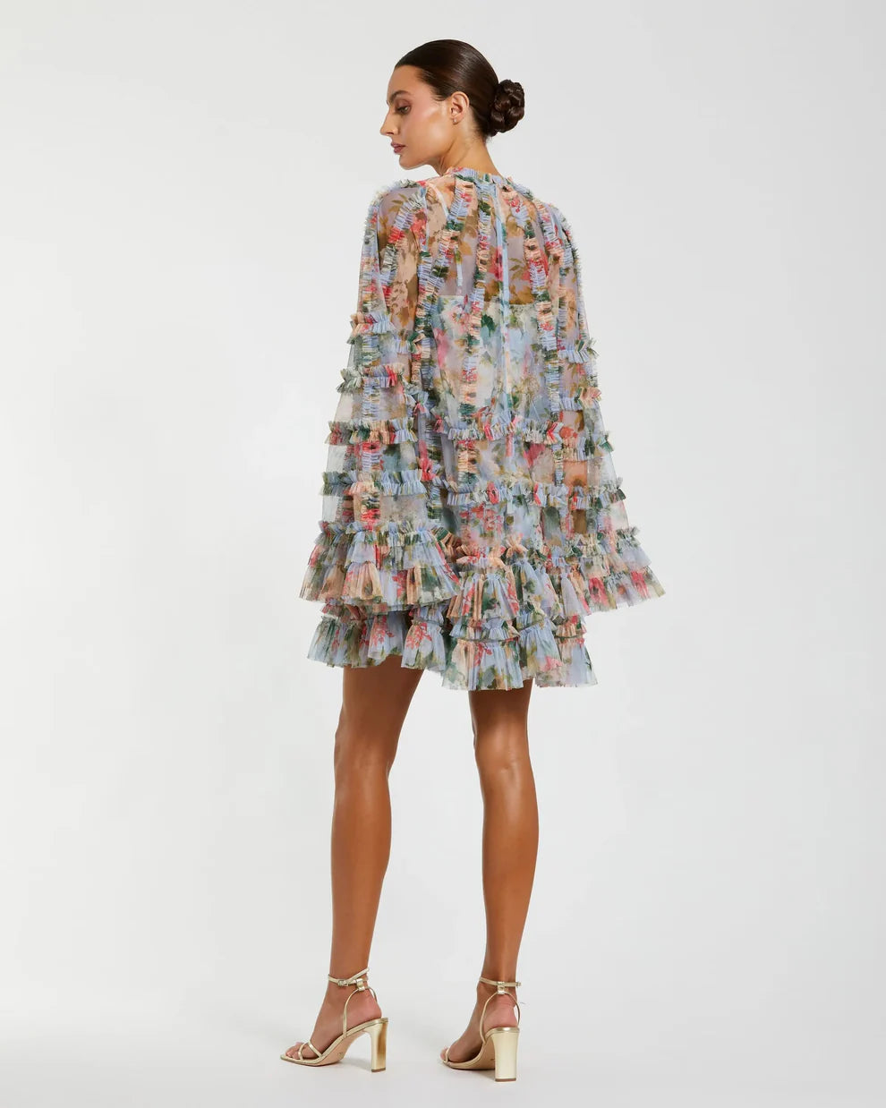 Mac Duggal 8300 Printed Mesh Ruffle High Neck Mini Dress