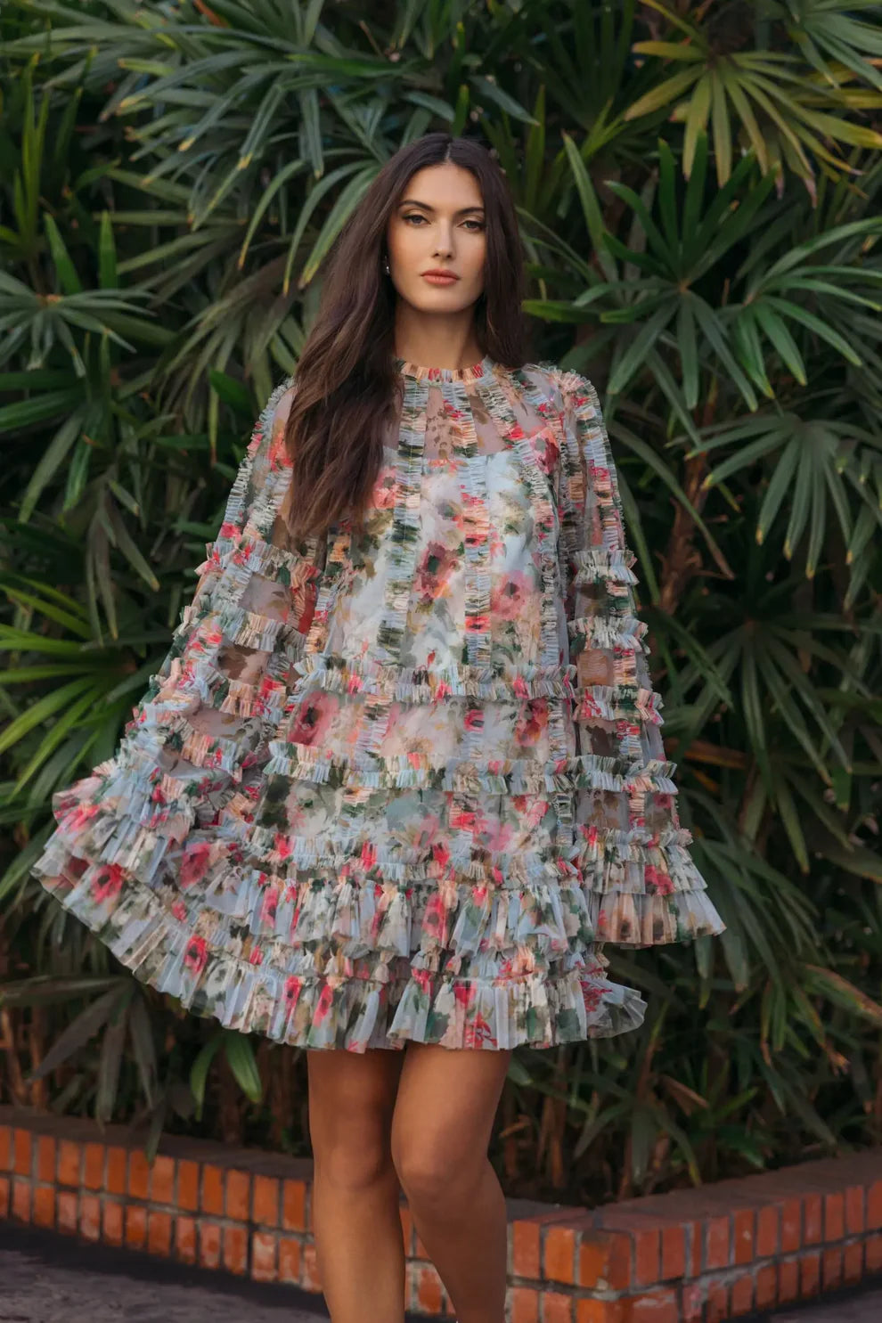 Mac Duggal 8300 Printed Mesh Ruffle High Neck Mini Dress