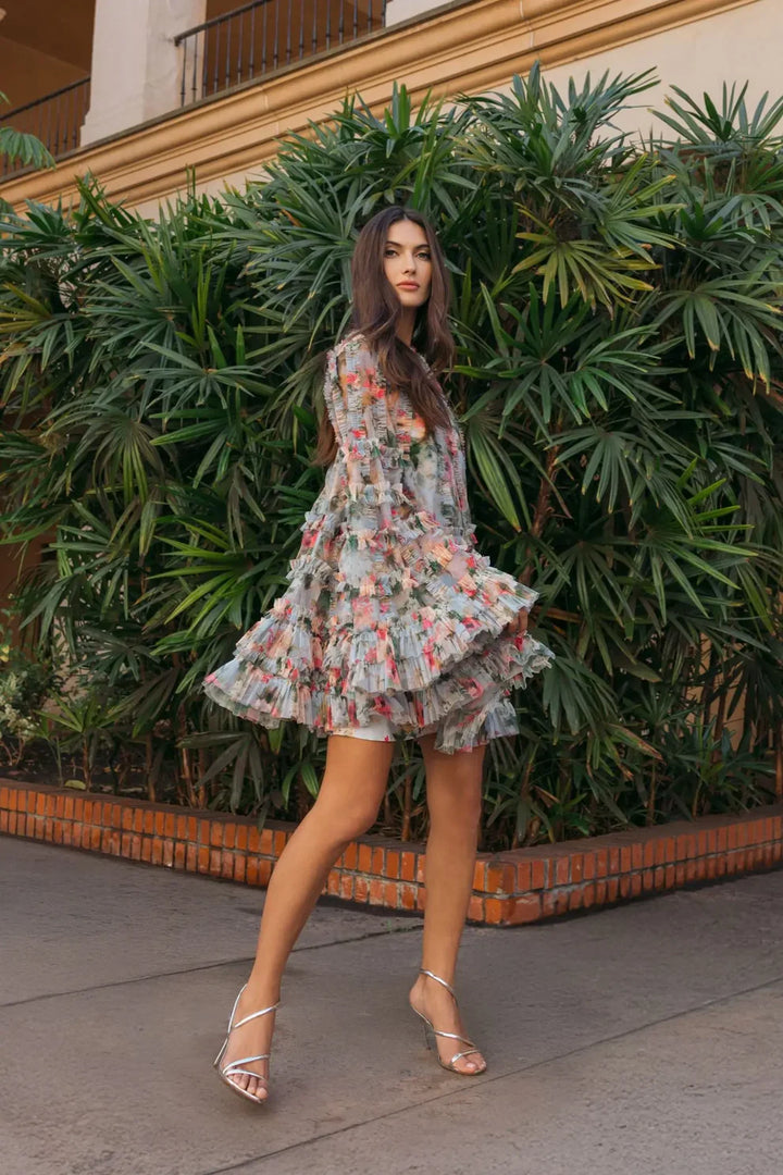 Mac Duggal 8300 Printed Mesh Ruffle High Neck Mini Dress