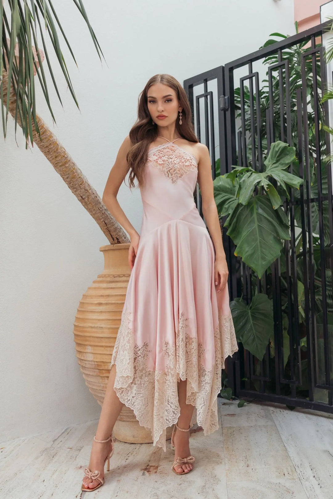 Light Pink Lace Trim Handkerchief Midi Dress - FOSTANI.com