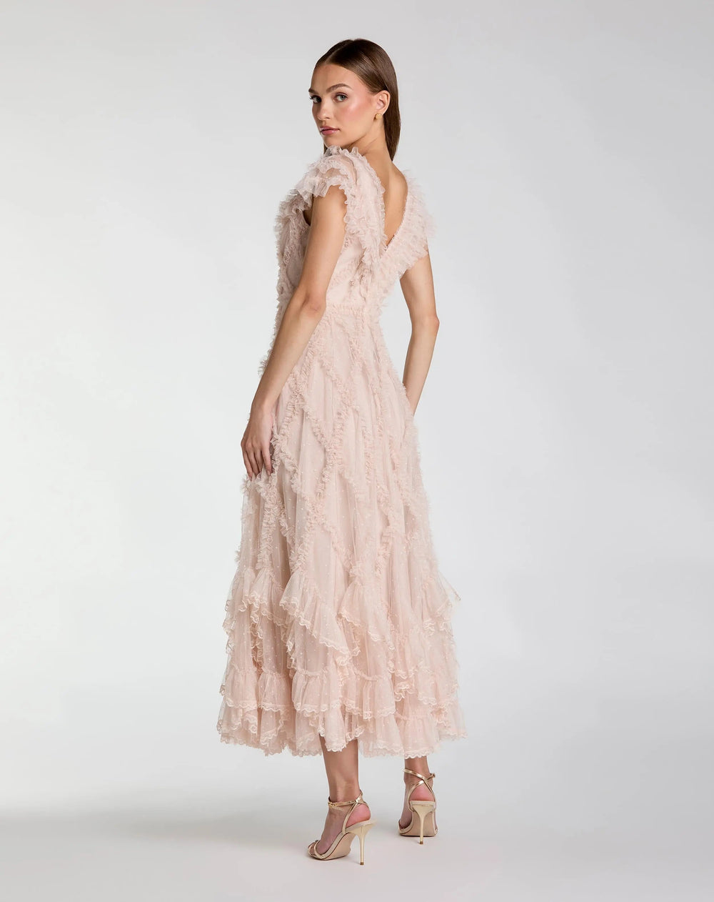 Pink Micro Ruffle Cap Sleeve A-Line Midi Dress - FOSTANI.com