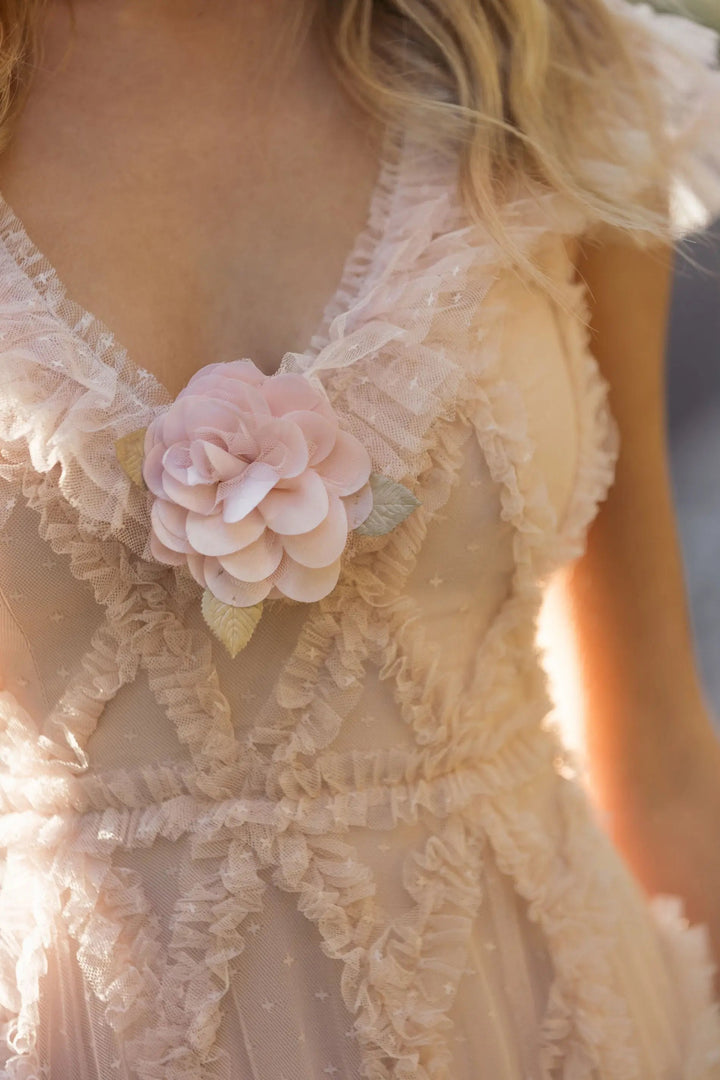 Pink Micro Ruffle Cap Sleeve A-Line Midi Dress - FOSTANI.com
