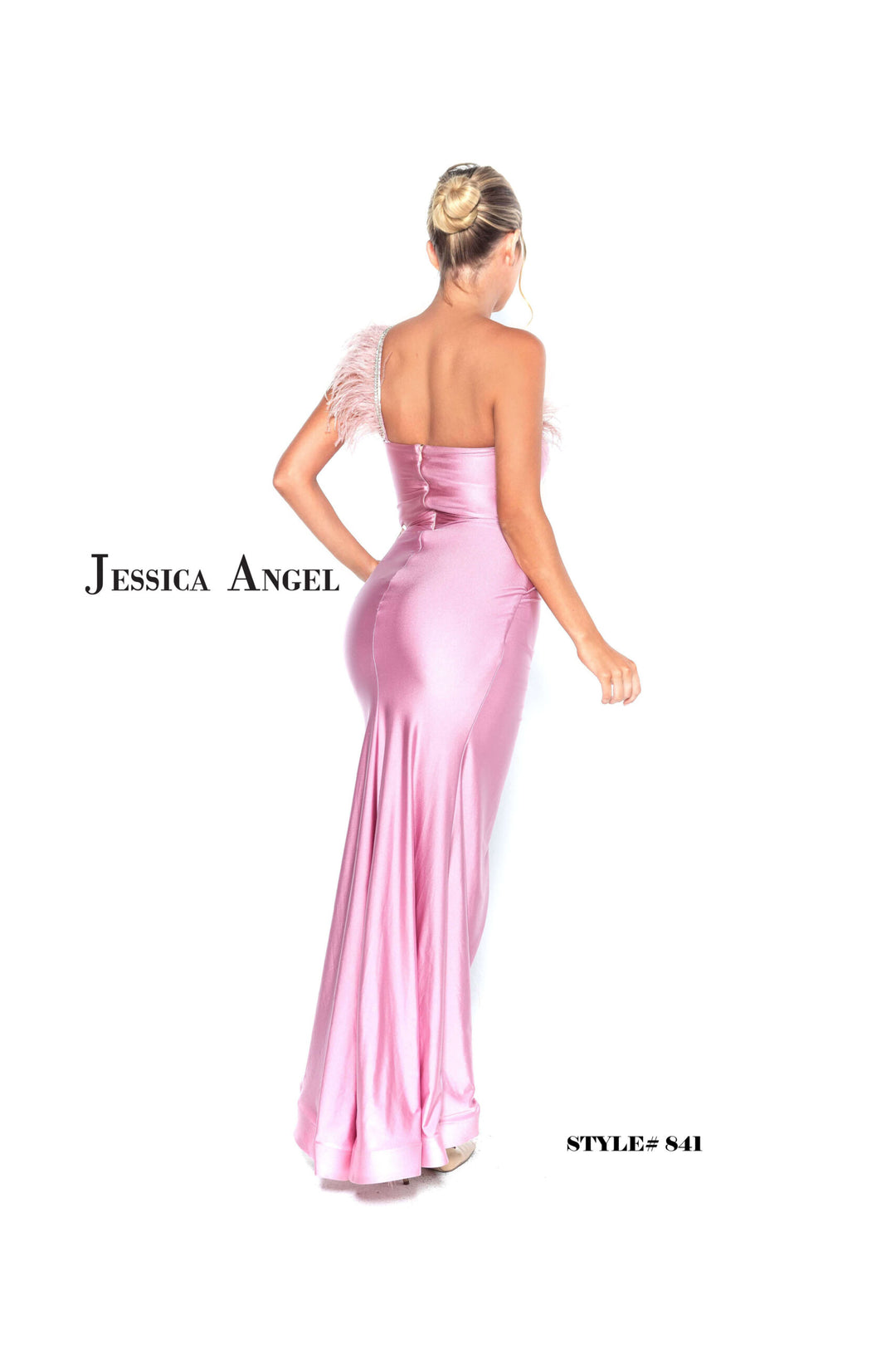 Jessica Angel 841 one shoulder embellished trim jersey gown with slit back view