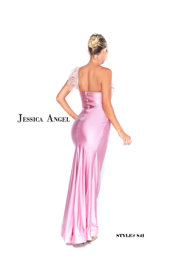 Jessica Angel 841 one shoulder embellished trim jersey gown with slit back view