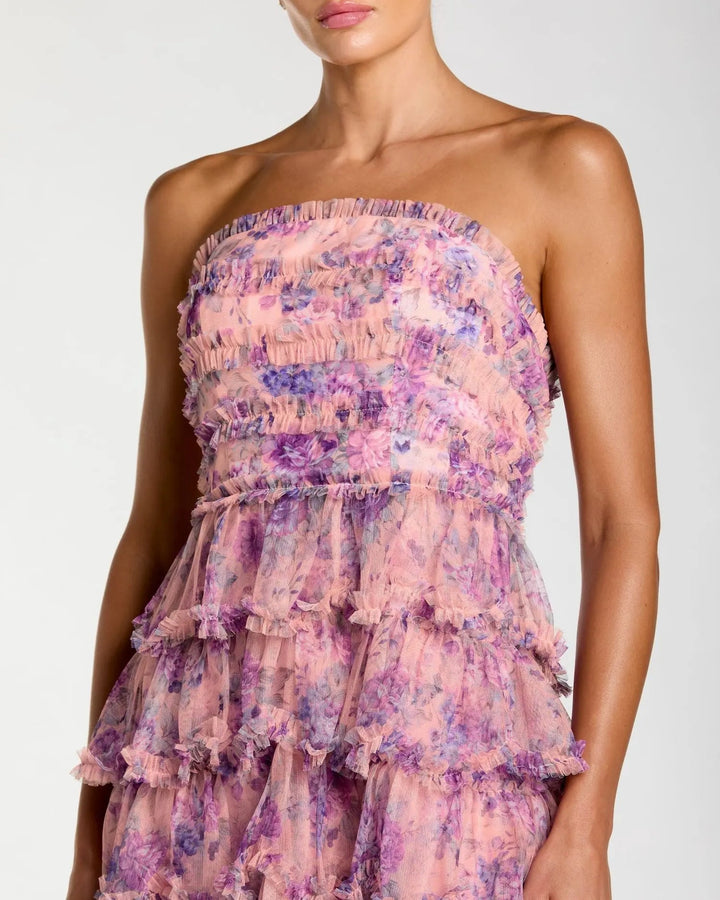Pink Floral Ruffle Tiered Strapless Midi Dress - FOSTANI.com