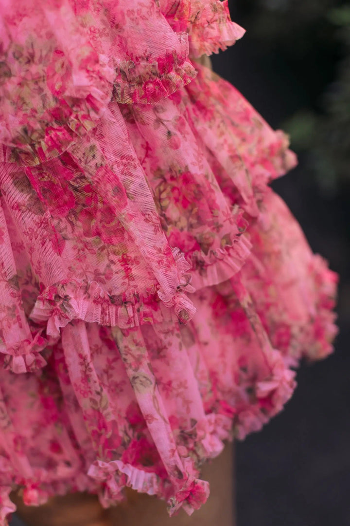 Pink Floral High Neck Cap Sleeve Ruffle Mini Dress - FOSTANI.com