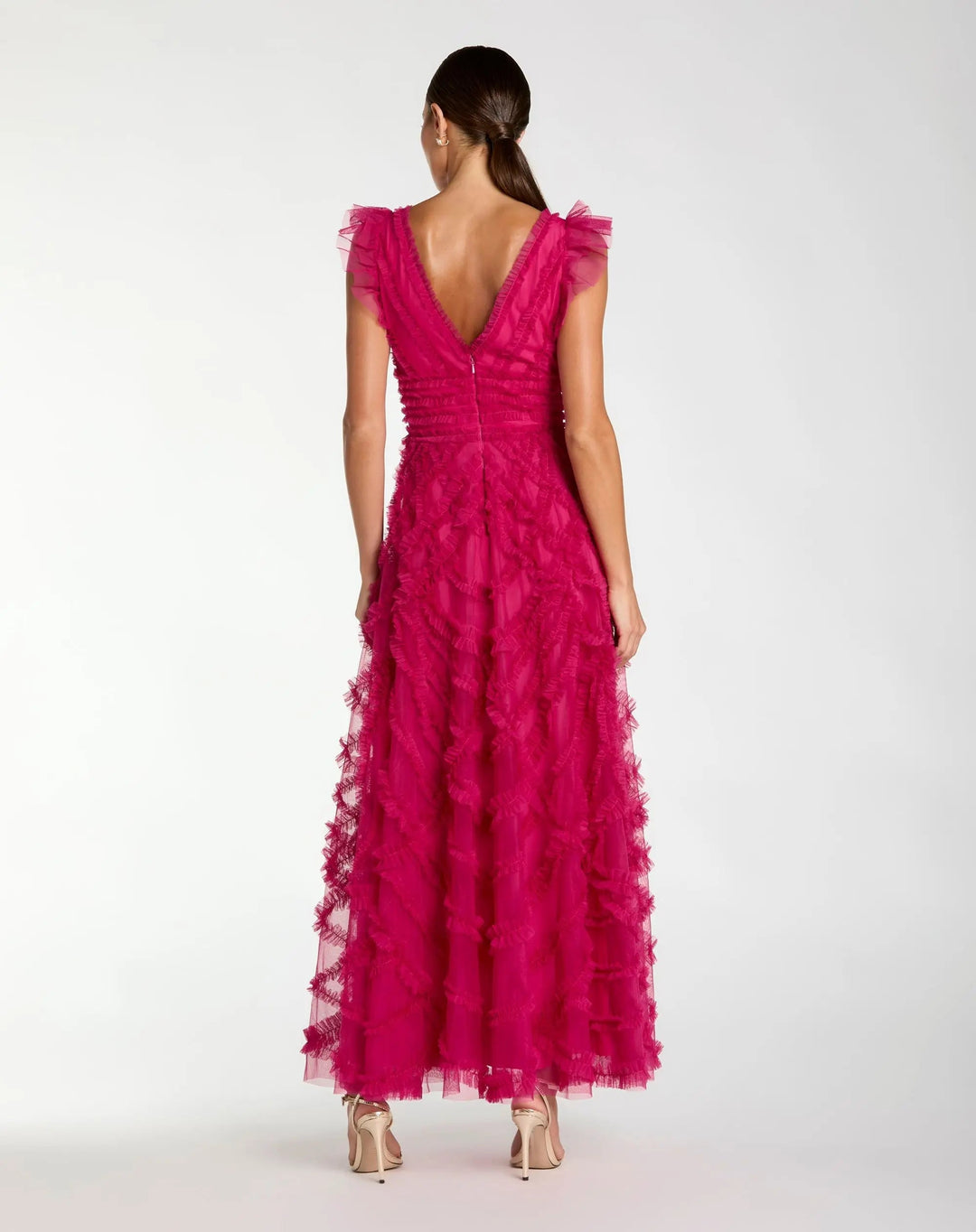 Pink V-Neck Cap Sleeve Ruffle Maxi Dress - FOSTANI.com