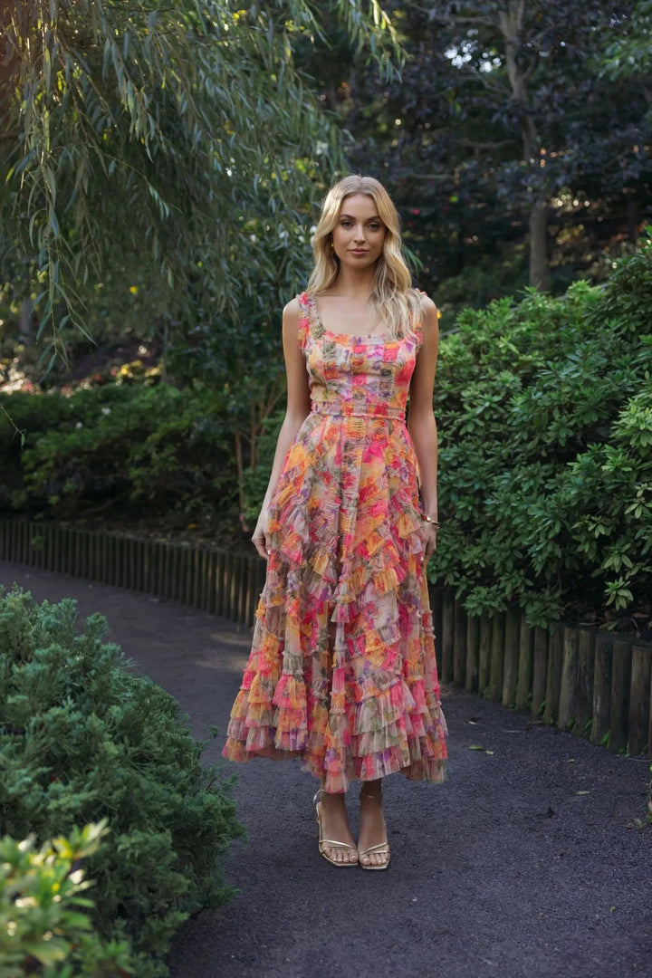 Multicolor Floral Scoop Neck A-Line Ruffle Midi Dress - FOSTANI.com