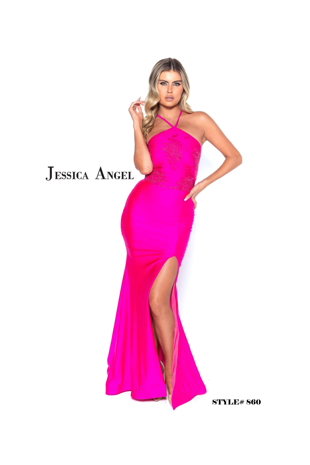 Jessica Angel 860 crisscross halter gown front view