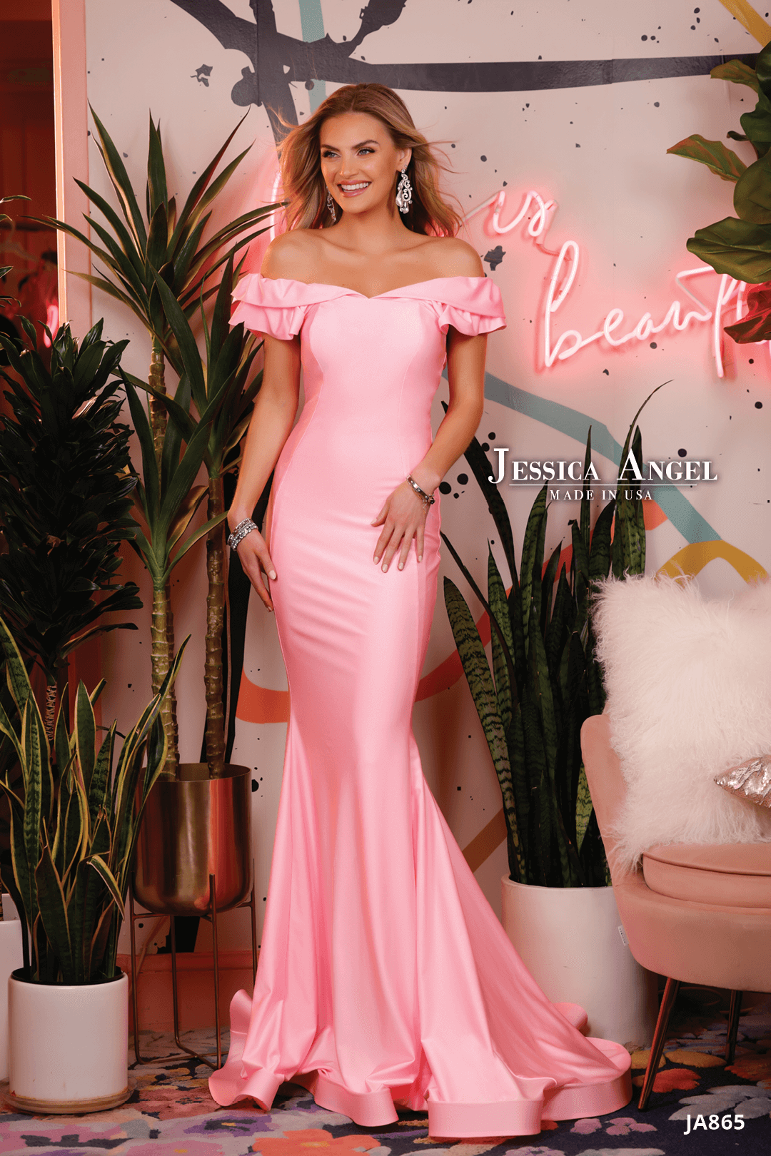 Jessica Angel 865 off shoulder ruffle mermaid gown front view