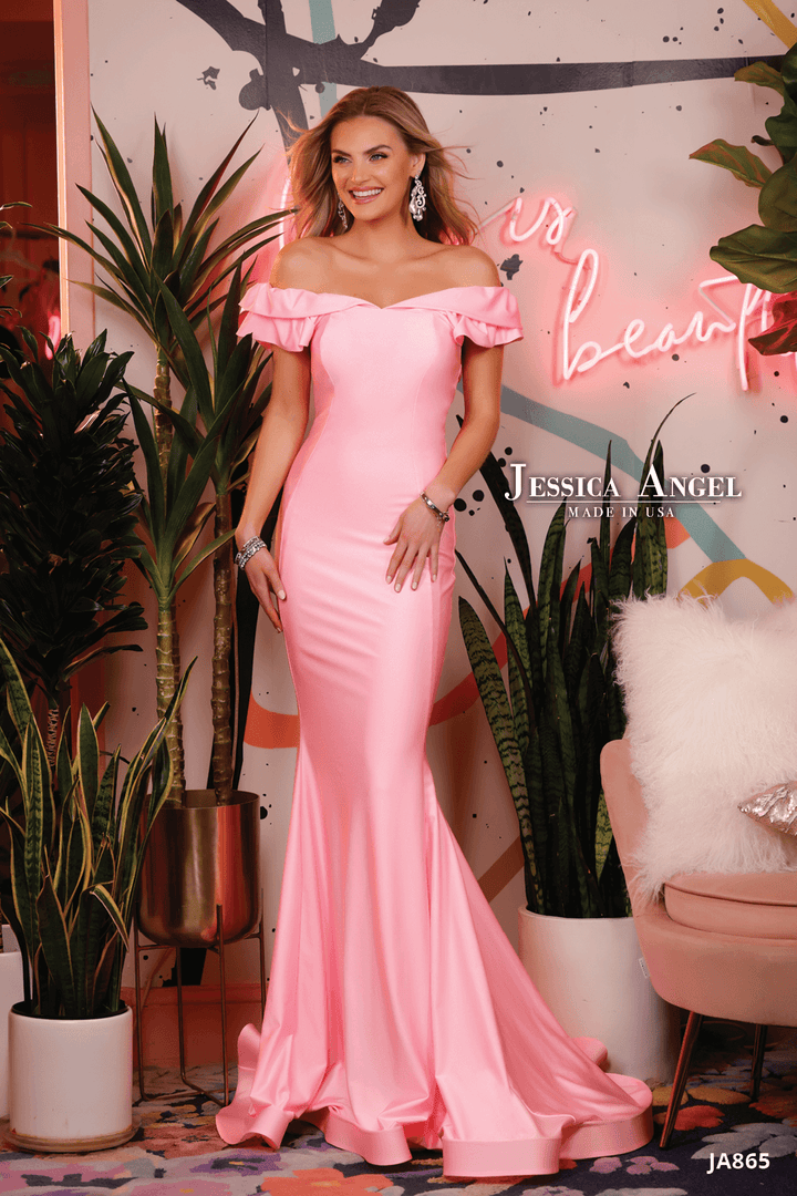 Jessica Angel 865 off shoulder ruffle mermaid gown front view