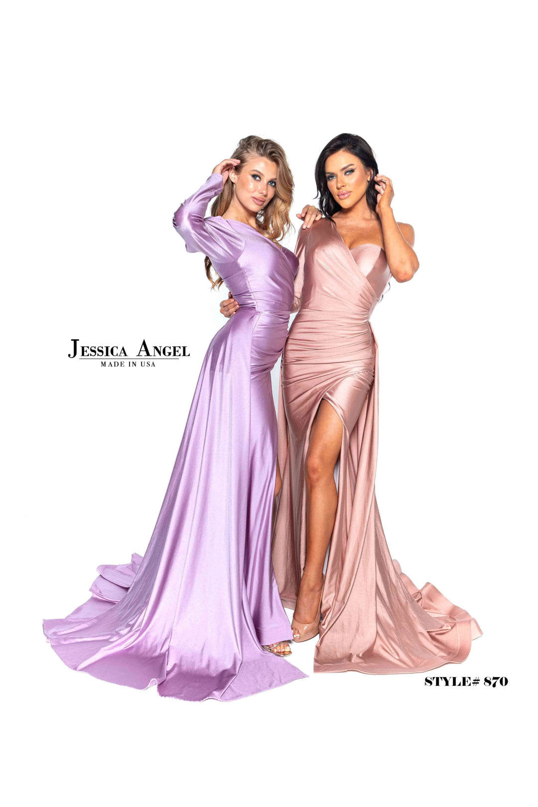 Jessica Angel 870 single sleeve draped gown front view 2