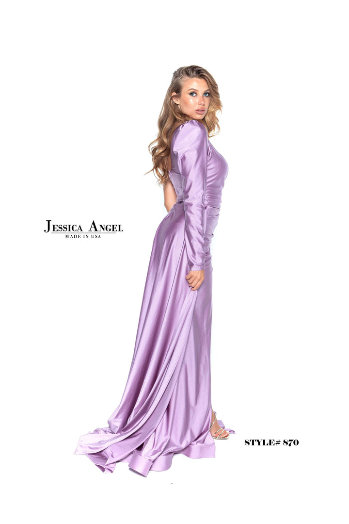 Jessica Angel 870 single sleeve draped gown side view