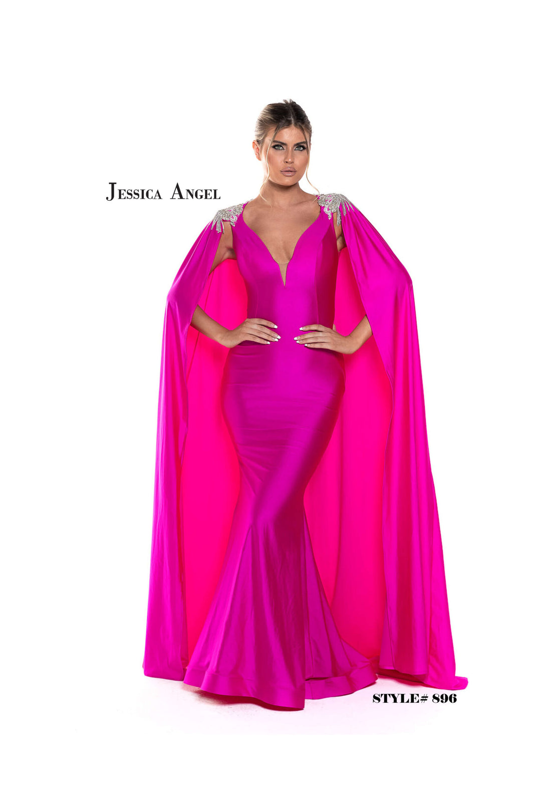 Jessica Angel 896 cape mermaid gown front view