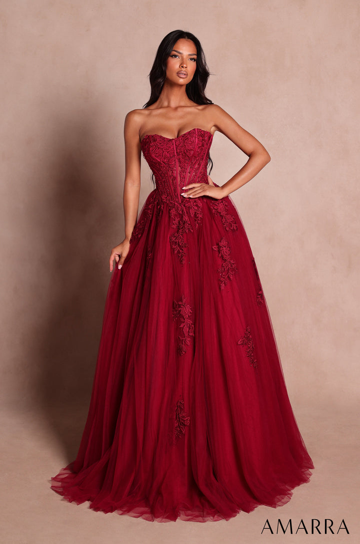 Amarra 89626 wine tulle lace corset ball gown - front view