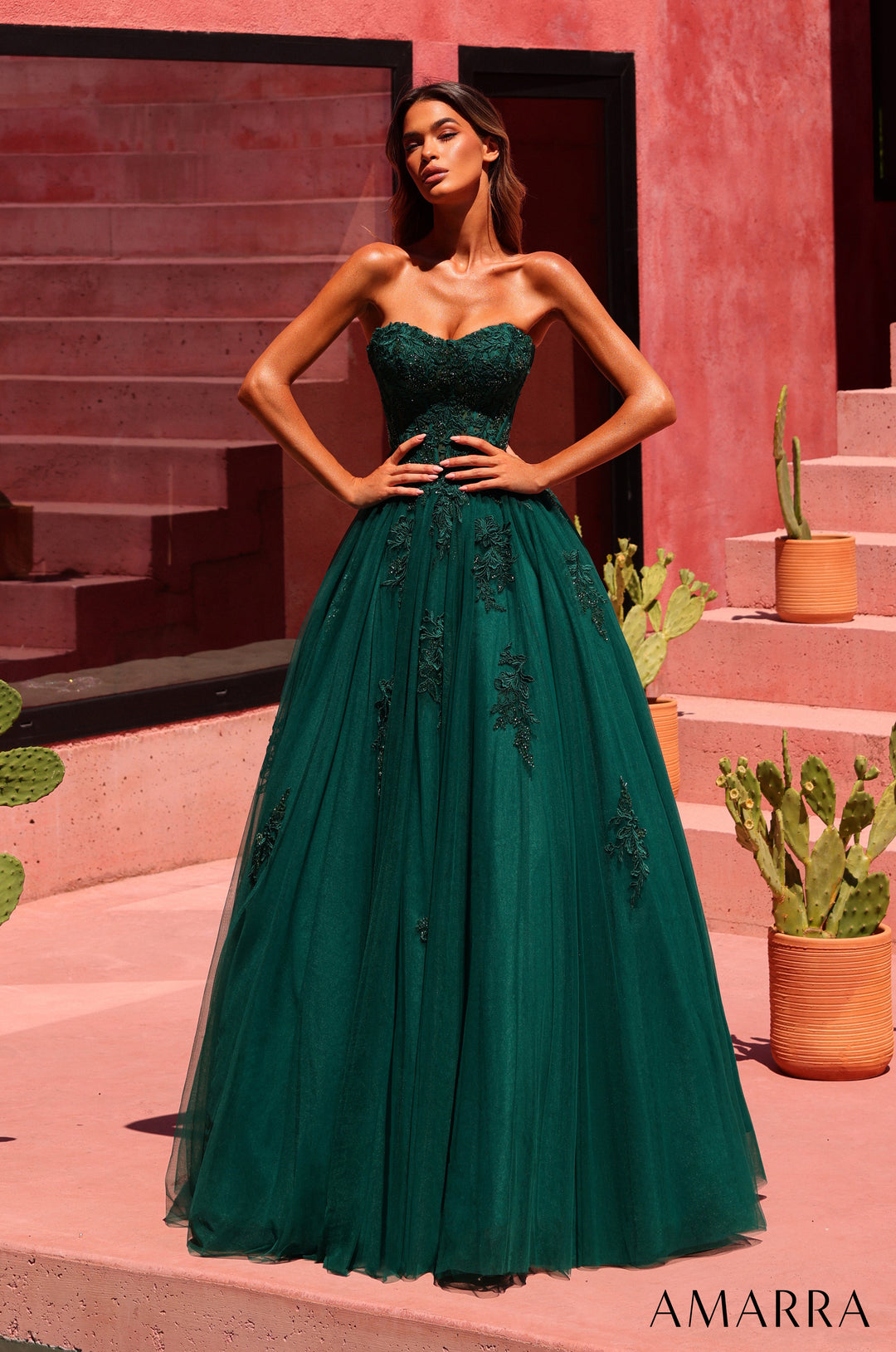Amarra 89627 emerald beaded lace corset tulle ball gown - front view