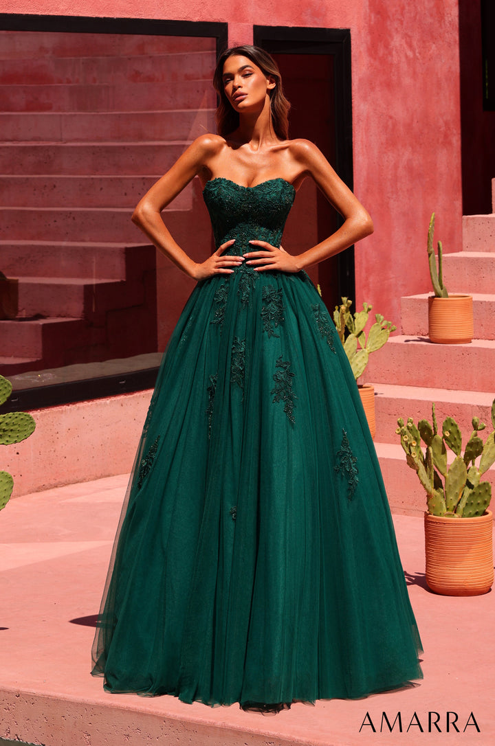 Amarra 89627 emerald beaded lace corset tulle ball gown - front view