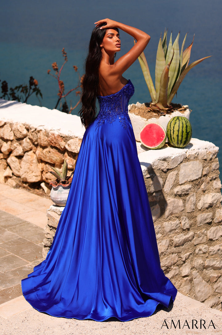 Amarra 89628 royal blue satin lace corset gown - back view with train