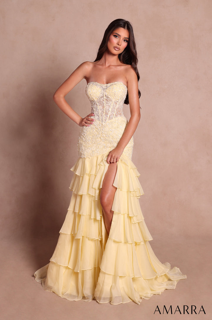 Amarra 89631 light yellow beaded lace corset mermaid gown with tiered ruffle skirt - front view