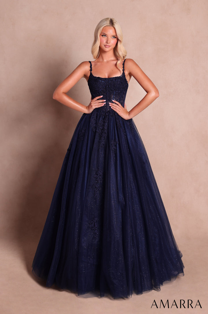 Amarra 89644 navy lace corset glitter tulle ball gown - front view