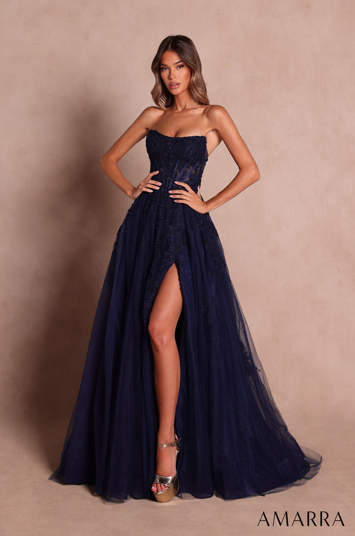 Amarra 89684 Navy floral lace corset tulle A-line gown with high slit, front view