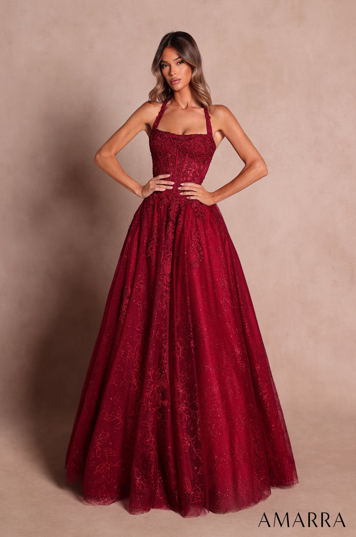 Amarra 89685 Wine floral lace halter corset tulle ball gown, front view