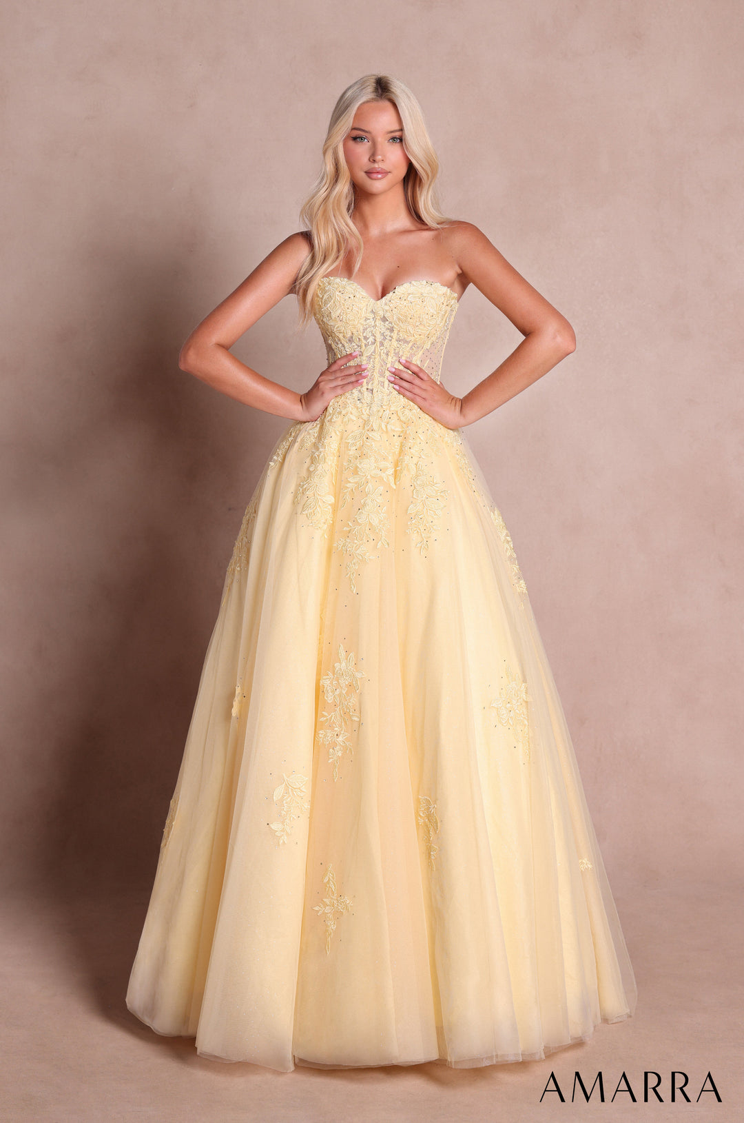 Amarra 89688 Light Yellow floral lace strapless corset glitter tulle ball gown, front view