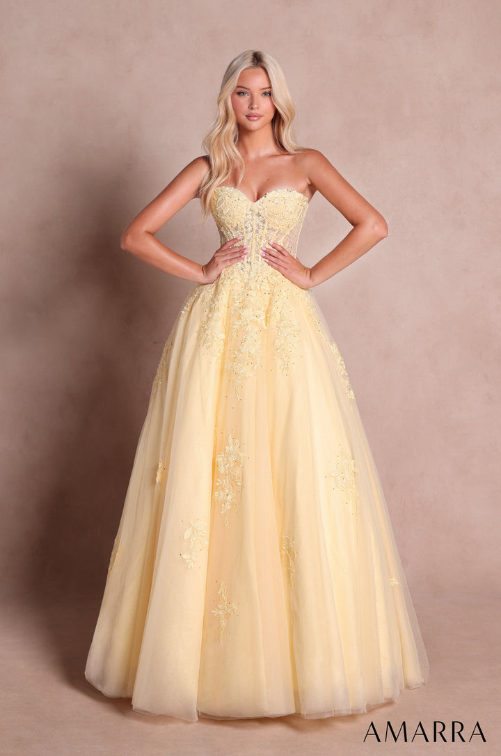 Amarra 89688 Light Yellow floral lace strapless corset glitter tulle ball gown, front view