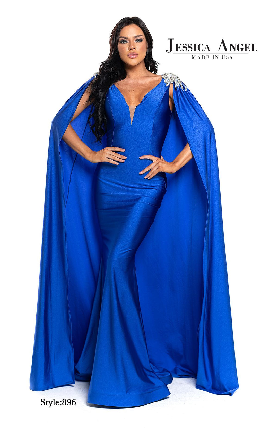 Jessica Angel 896 cape mermaid gown front view 2