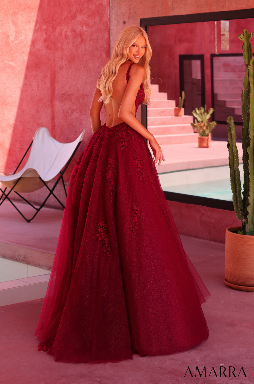 Amarra 89786 wine floral lace glitter tulle ball gown - back view with low open back