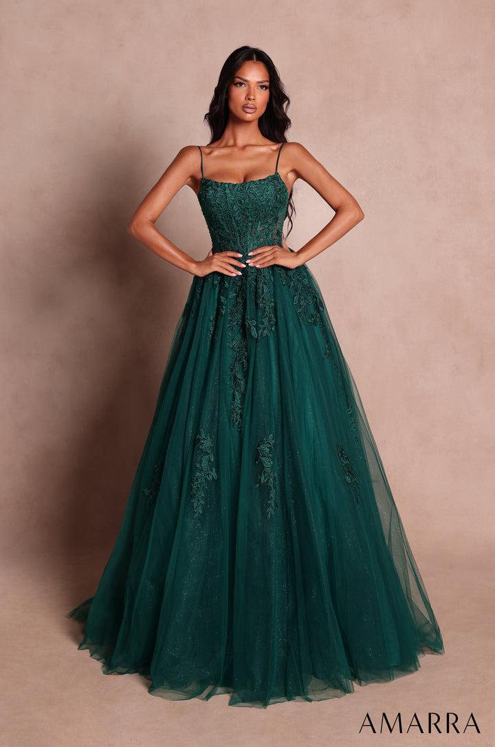 Amarra 89806 emerald floral lace corset glitter tulle ball gown - front view