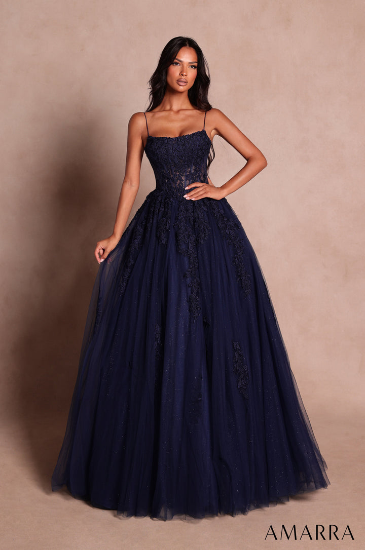 Amarra 89806 navy floral lace corset glitter tulle ball gown - front view