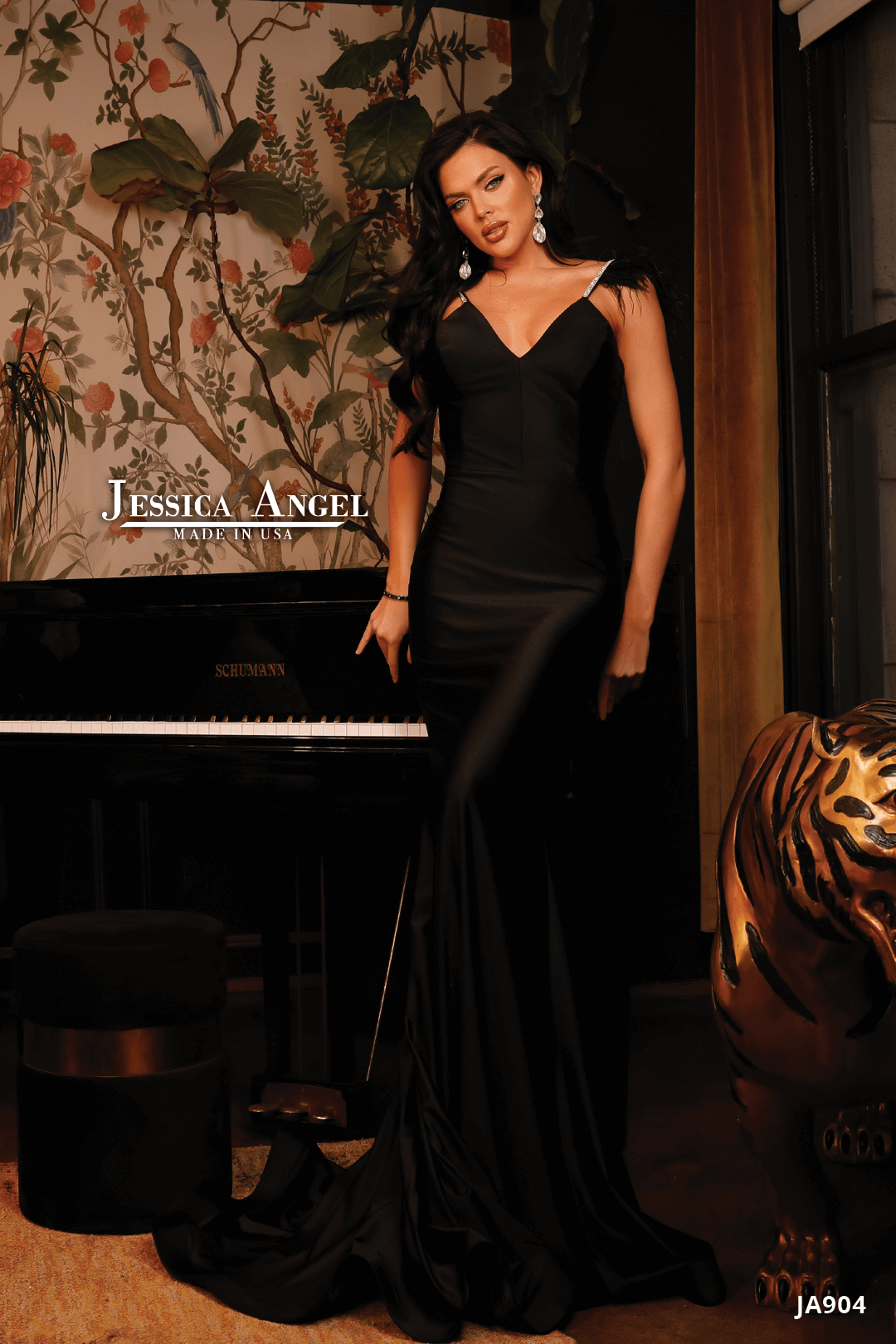Jessica Angel 904 feather shoulder mermaid gown front view 4