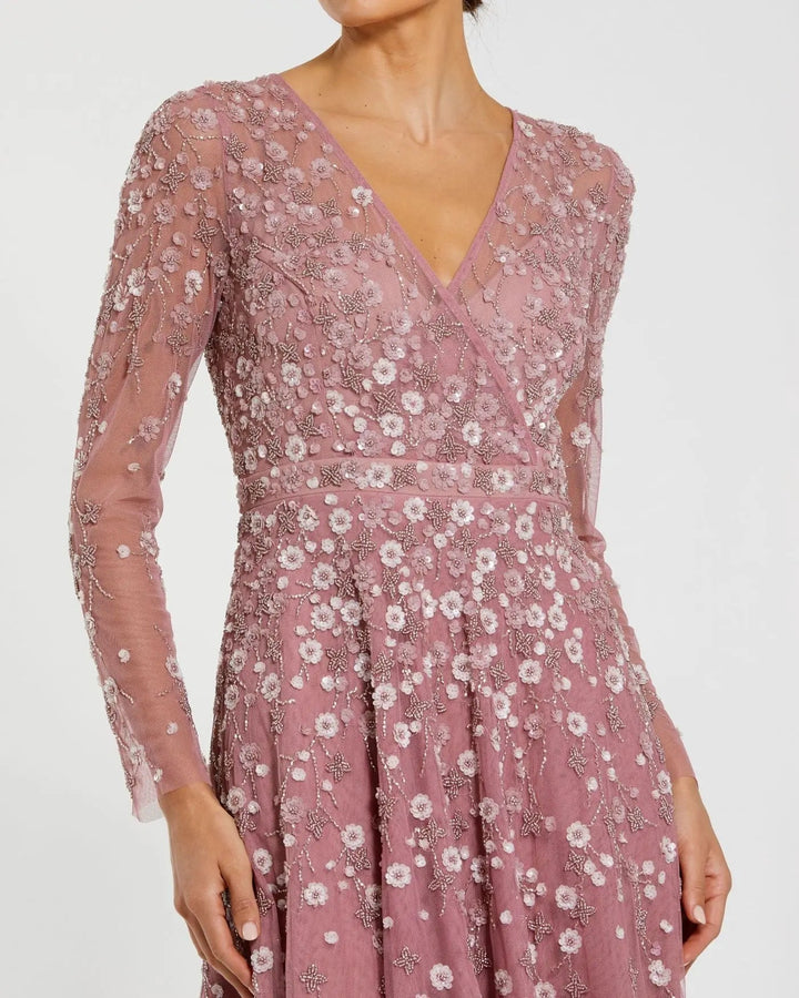 Mac Duggal 9131 Purple Embellished Wrap Over Illusion Long Sleeve A Line Gown