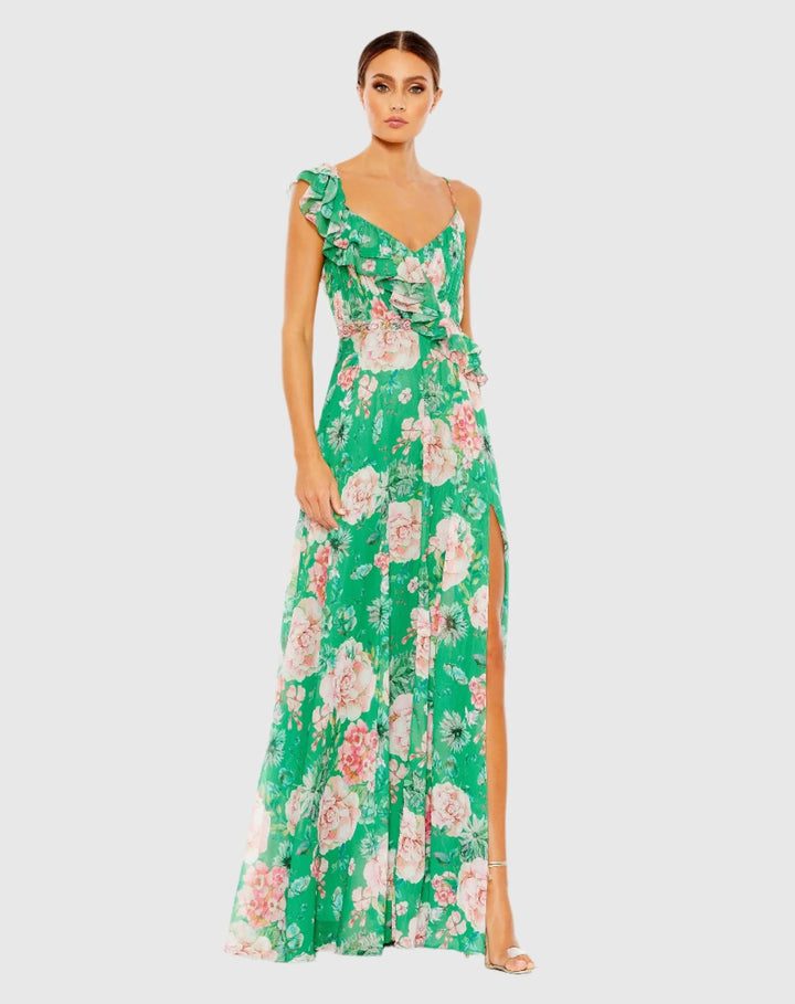 Mac Duggal 9175 Floral Print Ruffled Wrap Over A Line Gown