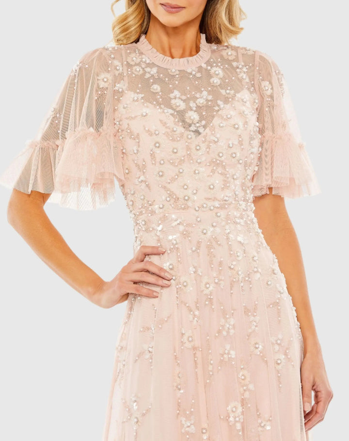Mac Duggal 9199 Floral Embellished Flutter Sleeve A-Line Gown
