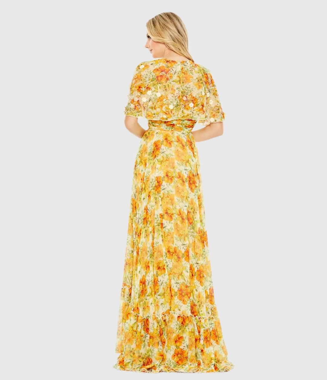 Mac Duggal 9201 High Neck A-Line Floral Gown with Cape Sleeves