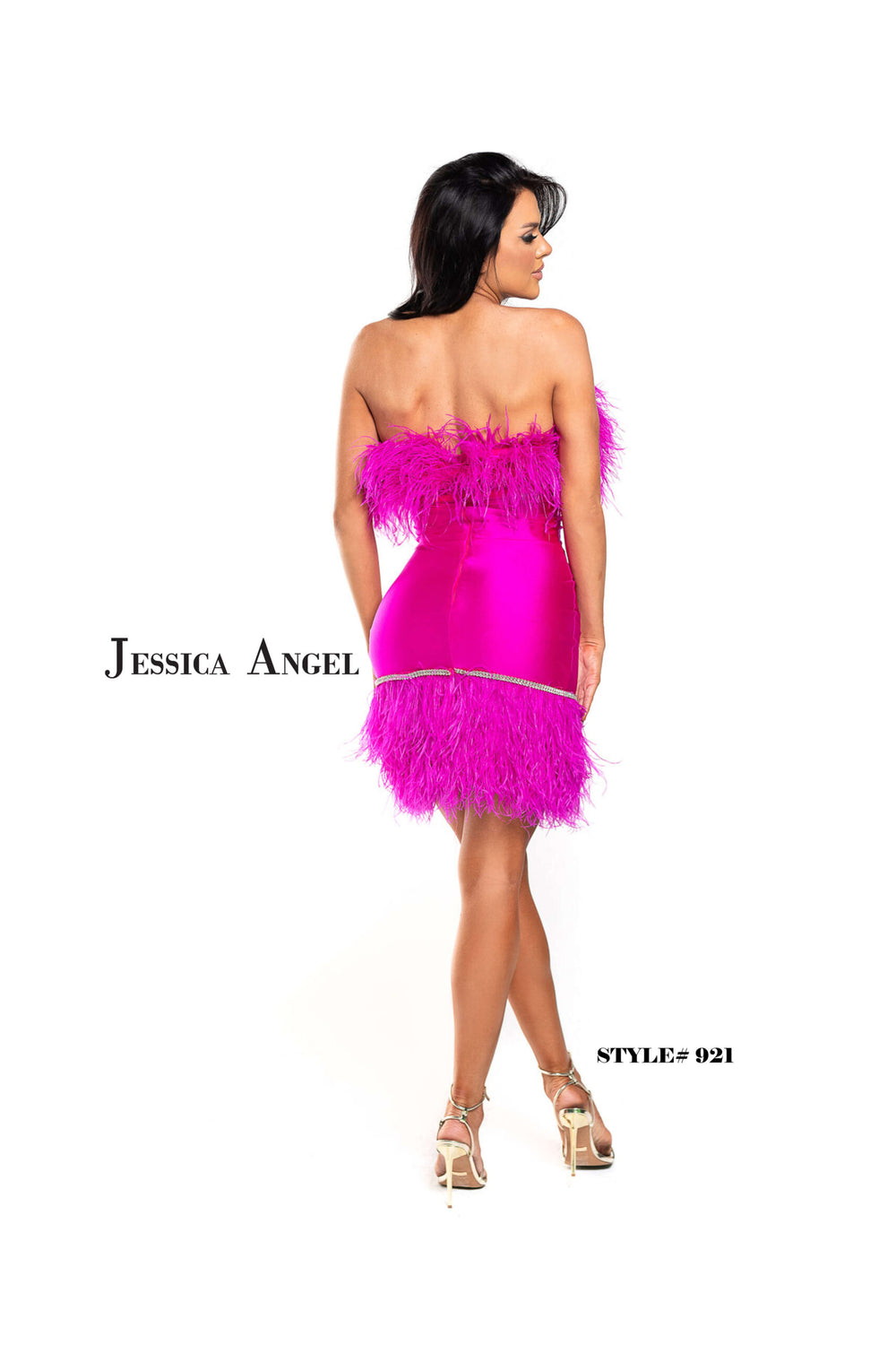Jessica Angel 921 feather trim cocktail dress back view