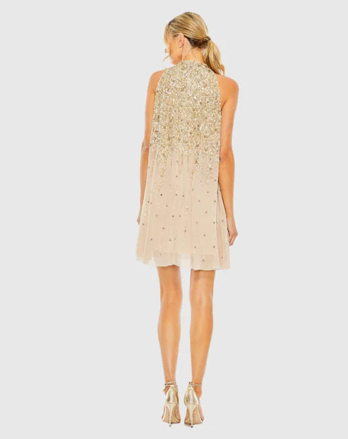 Mac Duggal 9225 High Neck Sleeveless Sequin Embellished Trapeze Dress