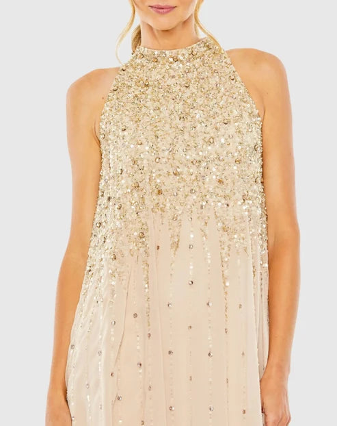 Mac Duggal 9225 High Neck Sleeveless Sequin Embellished Trapeze Dress