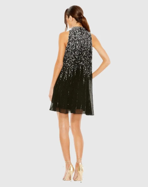 Mac Duggal 9225 High Neck Sleeveless Sequin Embellished Trapeze Dress