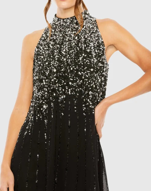 Mac Duggal 9225 High Neck Sleeveless Sequin Embellished Trapeze Dress