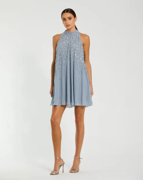 Mac Duggal 9225 High Neck Sleeveless Sequin Embellished Trapeze Dress