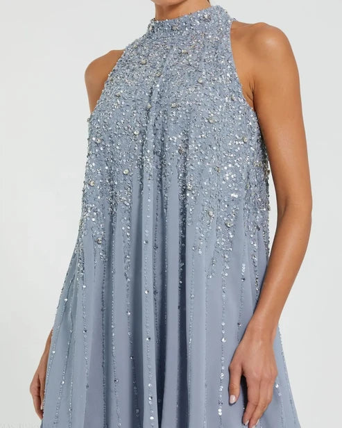 Mac Duggal 9225 High Neck Sleeveless Sequin Embellished Trapeze Dress