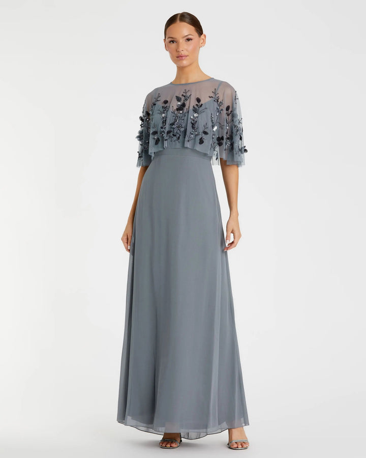 Mac Duggal 9229 Gray Sleeveless Gown With Embellished Cape - FINAL SALE