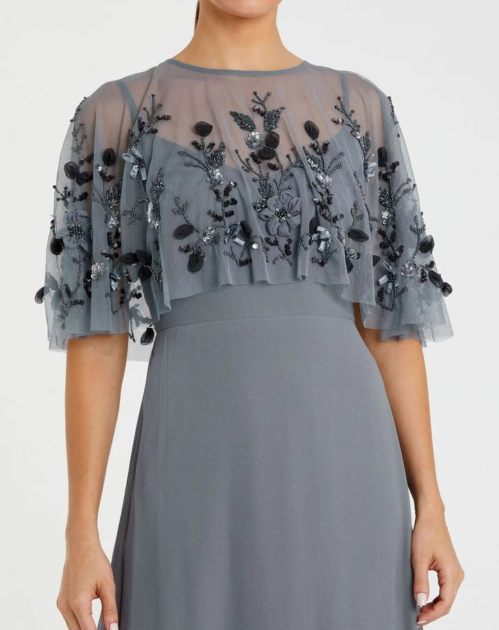 Mac Duggal 9229 Gray Sleeveless Gown With Embellished Cape - FINAL SALE