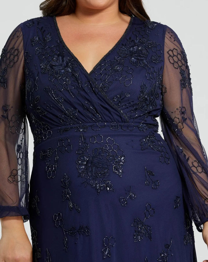 Mac Duggal 9247 Long Sleeve Embellished V-Neck Gown (Plus)