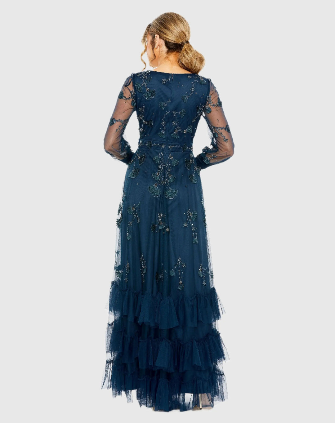 Mac Duggal 9256 Mesh Long Sleeve V-Neck Tiered A Line Gown