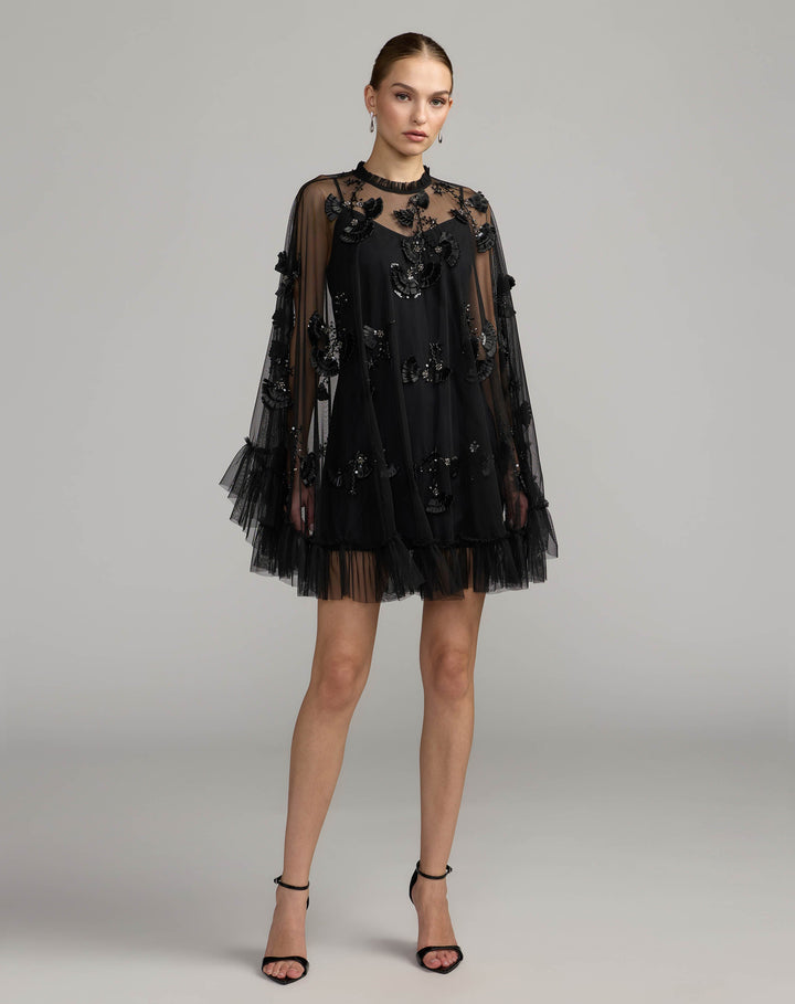 Mac Duggal 9257 Embellished Long Sleeve Trapeze Dress with Ruffle Hem