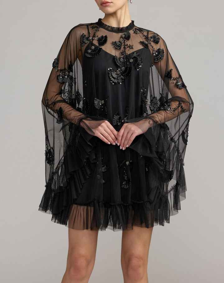 Mac Duggal 9257 Embellished Long Sleeve Trapeze Dress with Ruffle Hem